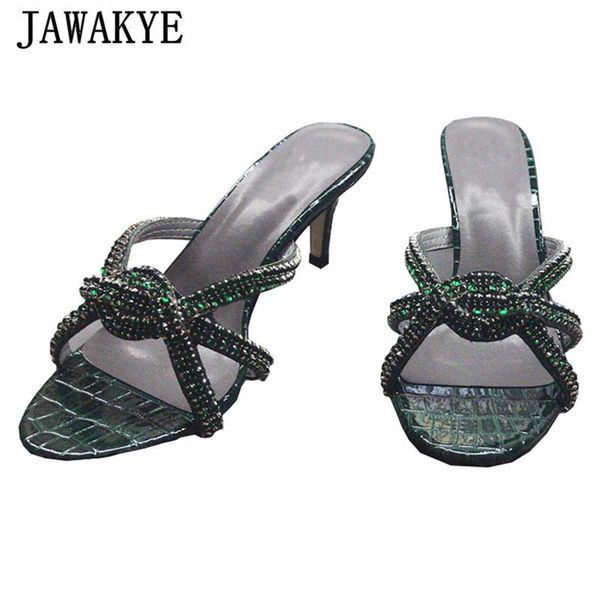 

crystal knotted thin high heels women slippers hollow outs braid stone grain leather party slides runway sandals, Black