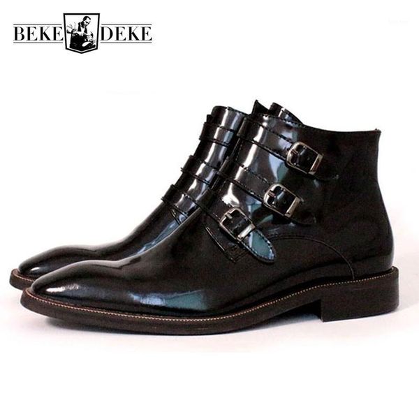 

boots italy handmade runway mens painting ankle buckle formal office work safety shoes luxury genuine leather square toes1, Black