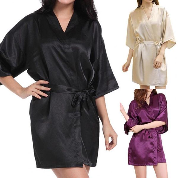 

women's sleepwear solid color kimono women summer bath robe imitation silk robes for bathrobe night dress pijama ropa mujer, Black;red