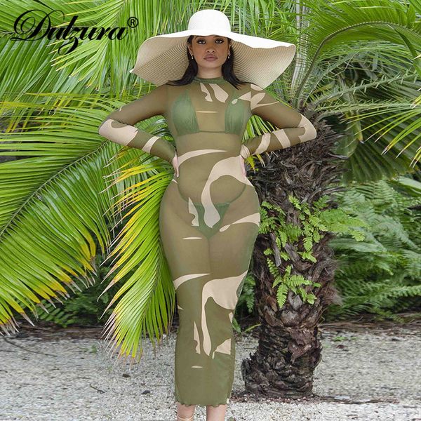 

camouflage print mesh long sleeve midi dress see through bodycon streetwear party club holiday women 2021 summer, Black;gray