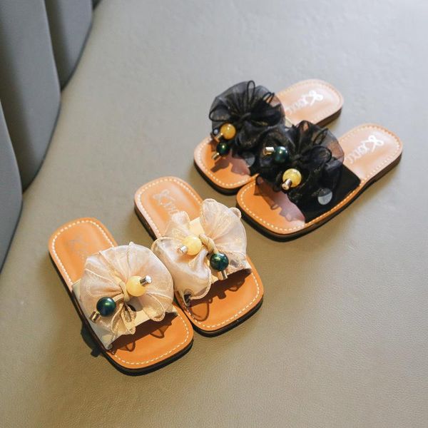 

slipper girls lace bow beads slippers 2021 summer children outdoor fashion casual single shoes kids' non slip soft sole, Black;grey