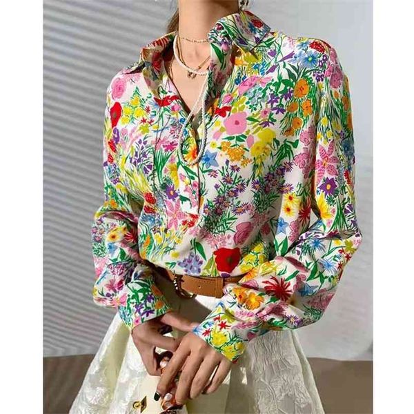 

spring summer women loose long sleeve turn-down collar blouse print hidden discount chiffon pullover casual shirts w279 210512, White