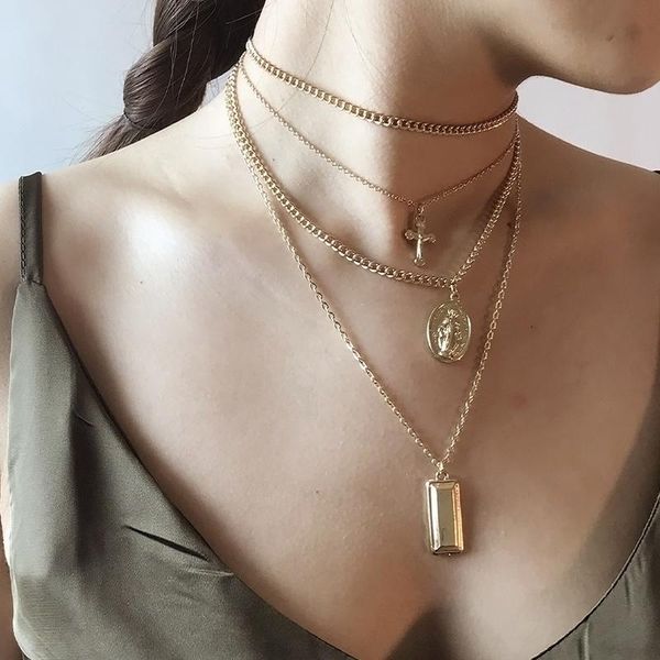 

pendant necklaces bohemia gold color cross layered necklace jesus virgin mary chain easter day's gift for women jewelry, Silver