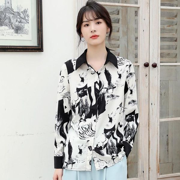 

office lady elegant long sleeve shirts arrival 2021 korean style vintage print turn-down collar women casual w088 women's blouses &, White