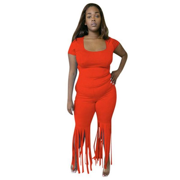 

women's two piece pants women summer fashion style square collar solid color short-sleeved t-shirt casual+long fringed trousers two-pie, White