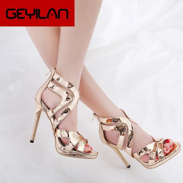 

women summer 12cm high heels zip fashion valentine strap stiletto pumps almond-toe gold hollow gladiator shoes sandals, Black