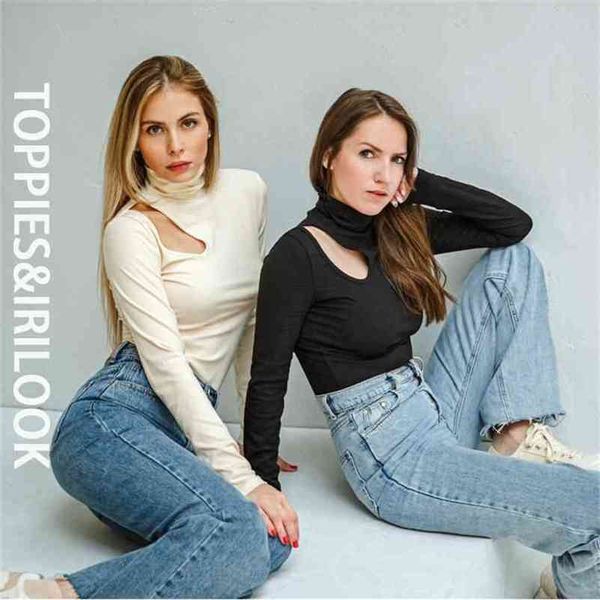 

ies skinny turtleneck woman hollow out casual long sleeve t shirt spring slim tee lady clothes 210708, White