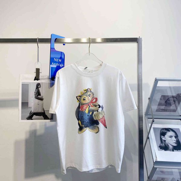 

miaojia's new summer product of 21 limited umbrella kitten cartoon loose casual women's t-shirt, White