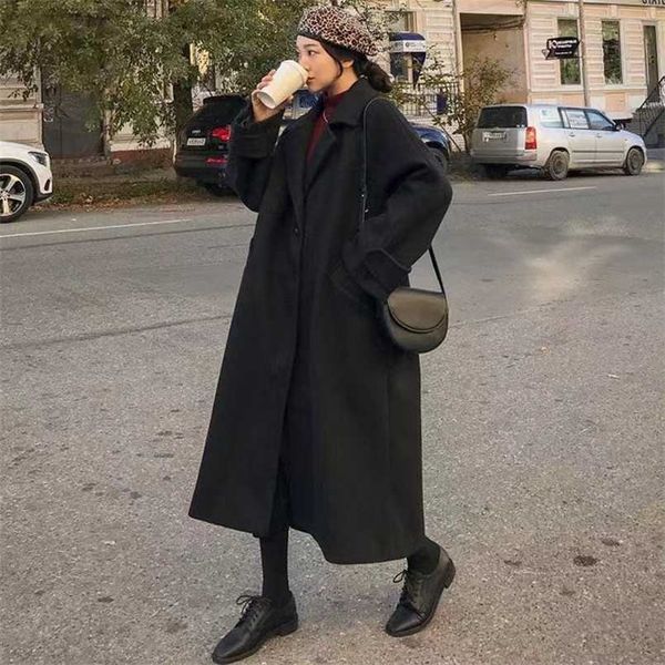 

woman long coat fashion korean preppy style retro versatile windbreaker casual warm woolen coat oversize spring women coat 211104, Black