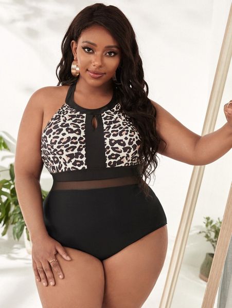 

plus leopard contrast mesh one piece swimsuit s7o5#, Black