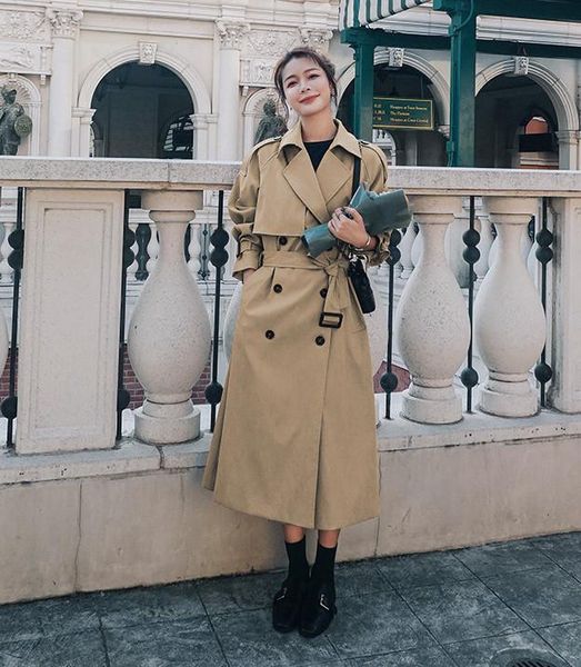 

women's trench coats women solid coat double-breasted overcoat outwear with sashes casual loose female windbreaker, Tan;black