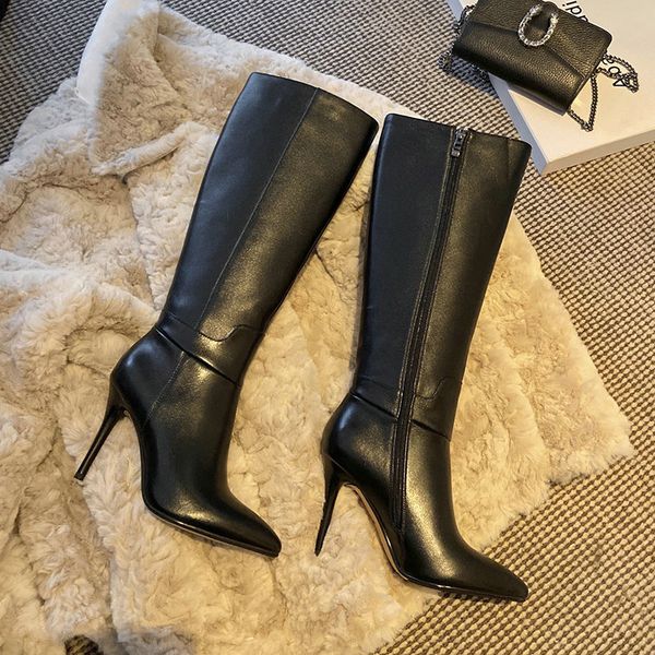 

2021 knee high boots genuine leather woman dress party boots poined toe beige black winter 1