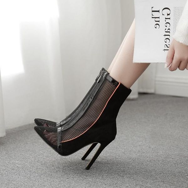 

boots mesh mid barrel pointed slim high heel large size 35-42, Black