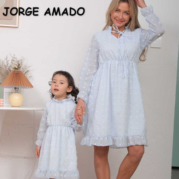 

summer family matching clothes chiffondress soild color polka dot mom and girl e2011 210610, Blue