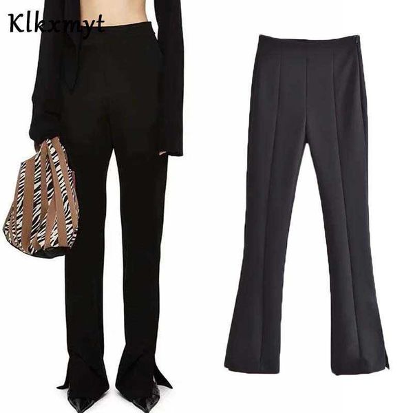 

klkxmyt za women chic fashion side split flare pants office wear vintage high waisted slim zipper fly female trousers mujer 210527, Black;white