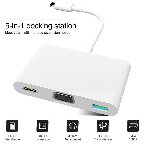 

hubs pp5a 5 in 1 type c hub 4k 1080p -compatible + vga pd 5gbps usb support 3.5mm audio output for andorid phone computer