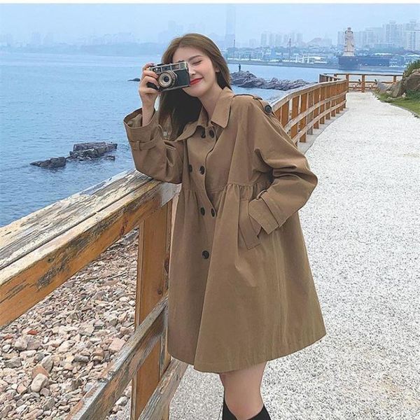 

women's trench coats women windbreaker mid-length 2021 spring and autumn casual coat double-breasted loose long sleeve overcoat female, Tan;black