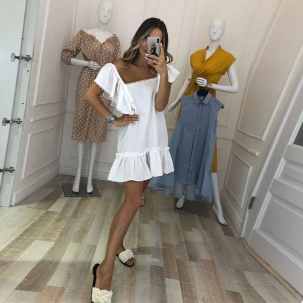 

dresses women vintage ruffled a-line party short sleeve square collar solid elegant casual mini summer fashion dress, Black;gray