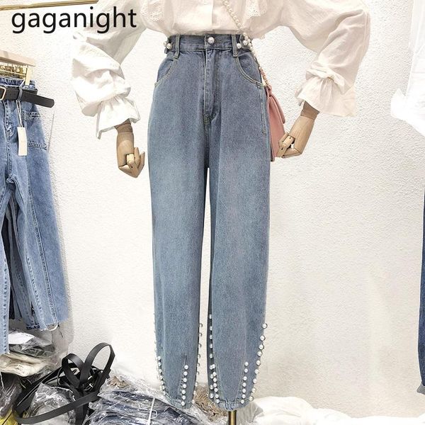 

gaganight fashion 2021 spring high waist jeans pants womens korean beading denim pant elastic casual loose woman trousers women's, Blue