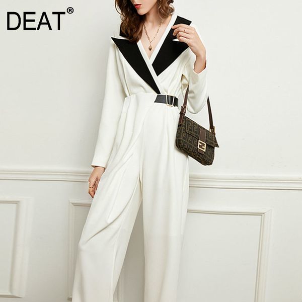 

deat new v-neck long sleeve high waist white patchwork asymmetrical sashes folds loose fashion tide women jumpsuit 7e1791 210428, Black;white