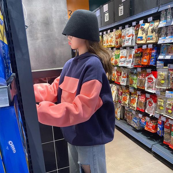 

women's hoodies & sweatshirts [ewq] 2021 spring full sleeve thick pullovers ladies overcoat outerwear bomber korea plus size patchwork, Black