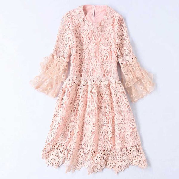 

est fashion runway dress women's long sleeve cotton lace 210526, Black;gray