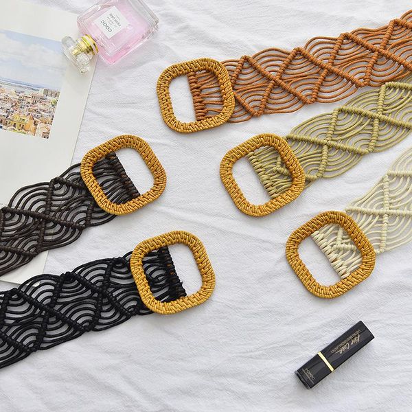

belts retro wax rope woven ethnic girls dress wide waist smooth buckle european and hollow personality belt, Black;brown