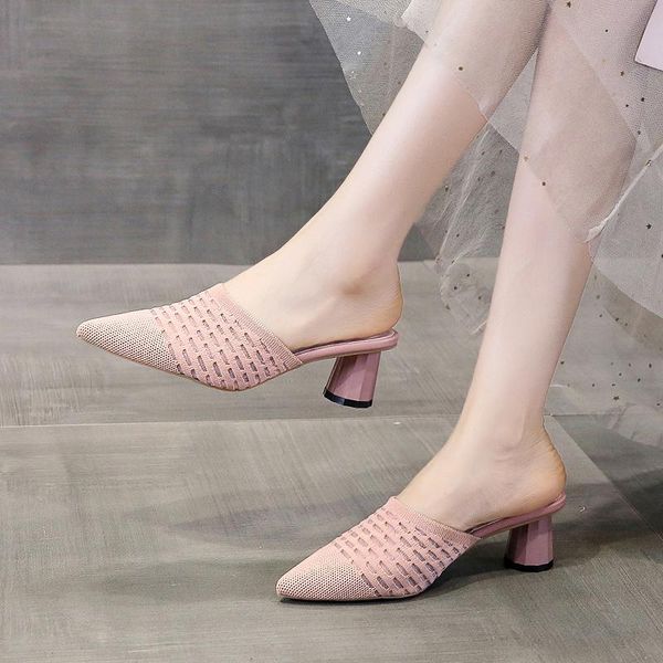 

slippers cover toe shoes women summer pantofle heeled mules med square heel slides fashion 2021 high block luxury pointed rome p, Black