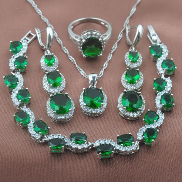 

earrings & necklace quality green zirconia women's wedding crystal jewelry sets bracelet pendant ring yz0120, Silver