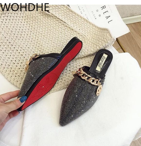 

slippers flat sandals outside wearing summer lazy half-slipper women red bottom pointed toe luxury fashion designer mules, Black