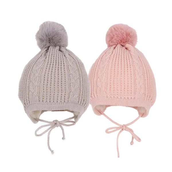 

caps & hats winter warm children's hat with pompom knitted baby autumn boys girls earflaps thickened lining infant kids cap, Yellow