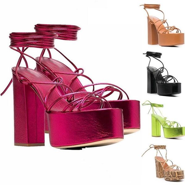 

sandals 2021 summer fashion platform for woman strap peep toe high block heel shoes leather cross-straps round, Black