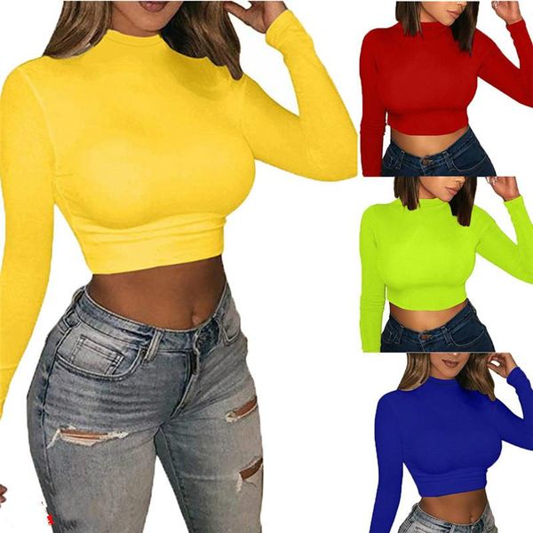 

women's t-shirt fashion women solid color long sleeve turtleneck shirt outwear bodycon slim short casual t-shirts, White