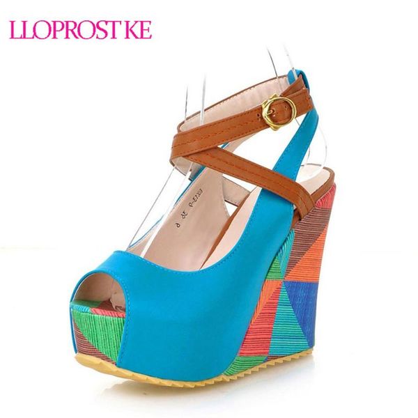 

lloprost ke wedges shoes women sandals buckle open-toed platform summer fashion soft leather my569, Black