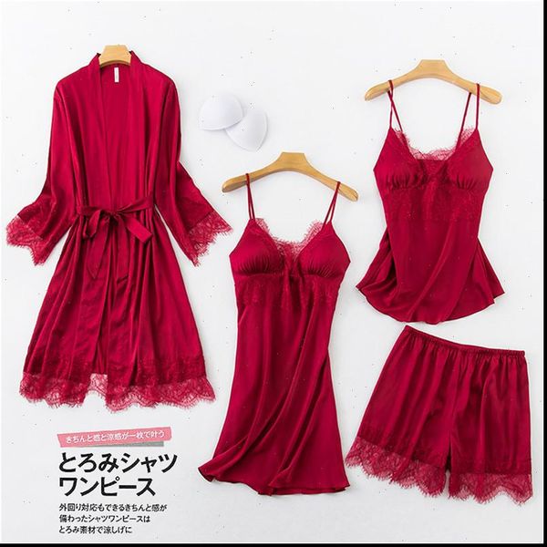 

satin pijamas mujer pajama women sleepwear set 4 pcs lace lingerie pyjamas nightwear silk home clothes lounge wear, Black;red