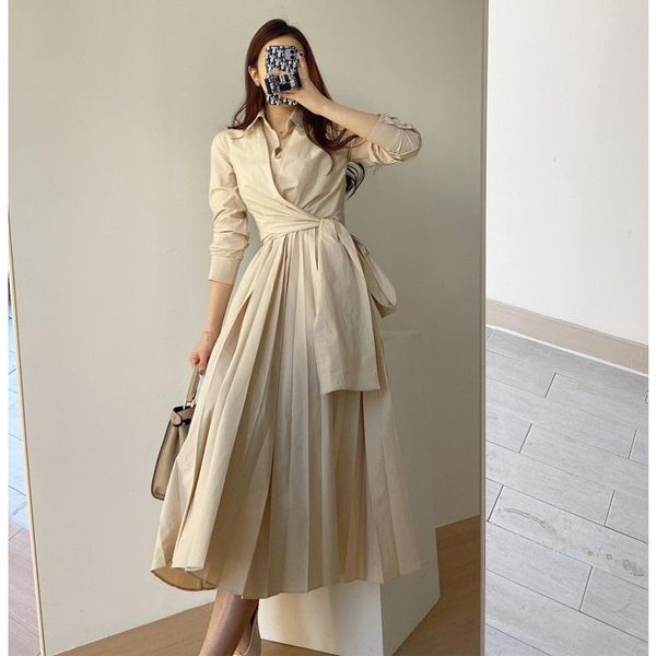 

casual dresses korean chic white long sleeve turn down collar shirts dress women elegant lace up loose pleated mid vestido, Black;gray