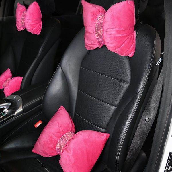 

seat cushions car head neck pillow rhinestone bling headrest plush waist supports diamond bow rest back lumbar women