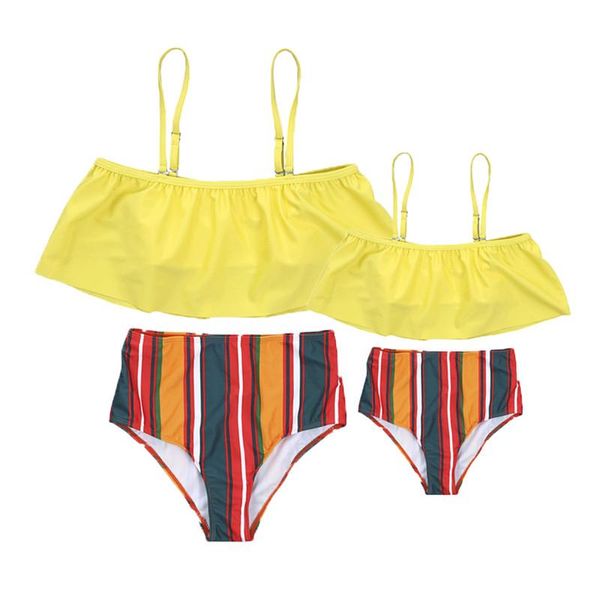 

one-piece suits 2021 family matching swimwear mother daughter off shoulder crop striped high waist swimsuit kids beachwear sets