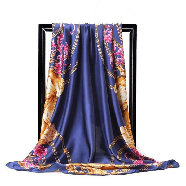 

scarves 2021 female hijab scarfs fashion 90x90cm square chain print kerchief ladies silk satin shawl and wraps wholesale, Blue;gray