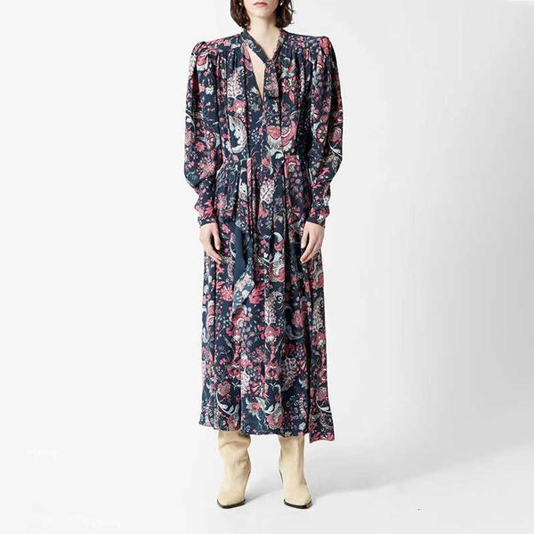 

luxury evening dress casual printed long skirt autumn 2021 neckline lace up small bubble sleeve big swing foreign, Black;gray