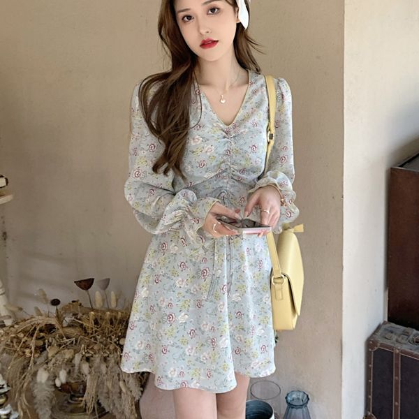 

summer vintage floral chiffon beach boho dressed up feminine elegant party mini french dress with cleavage v casual korean, Black;gray