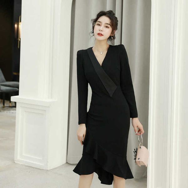 

elegant prom party dress women autumn office work business black irregular long sleeve slim ladies es 210608, Black;gray