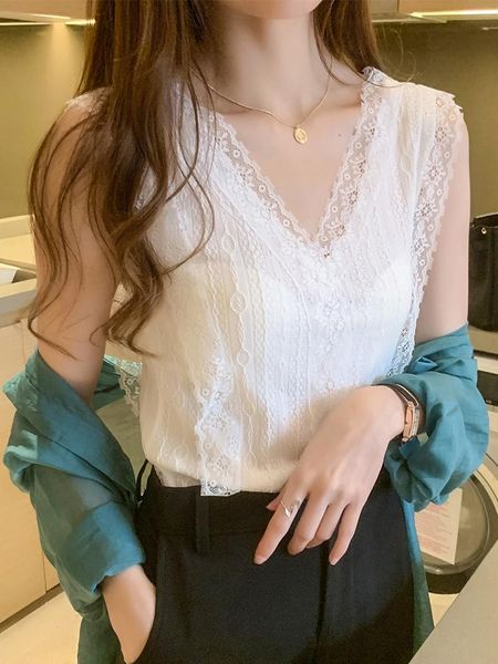

lace tank summer v-neck casual 2021 sleeveless shirt camisole black blouse femal white chic femme women's tanks & camis