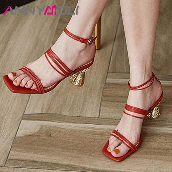 

ankle strap genuine leather high heel shoes narrow band women sandals square toe strange style heels size 40, Black