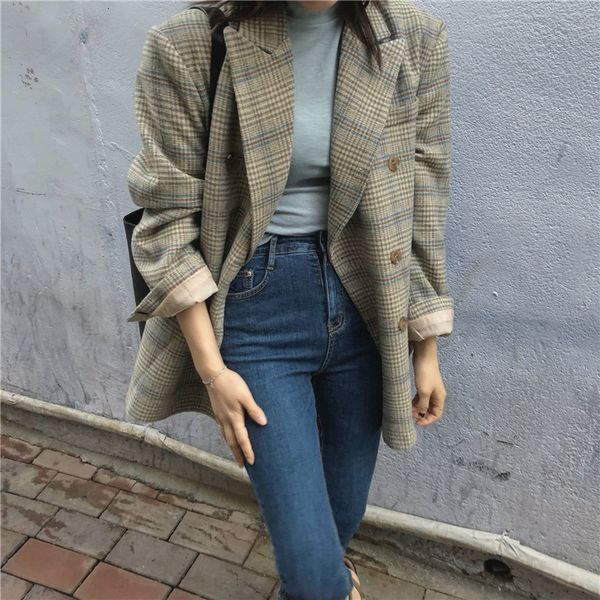

women's wool & blends korean female autumn and winter chic retro contrast double plaid color breasted loose wool jacket z2i6, Black