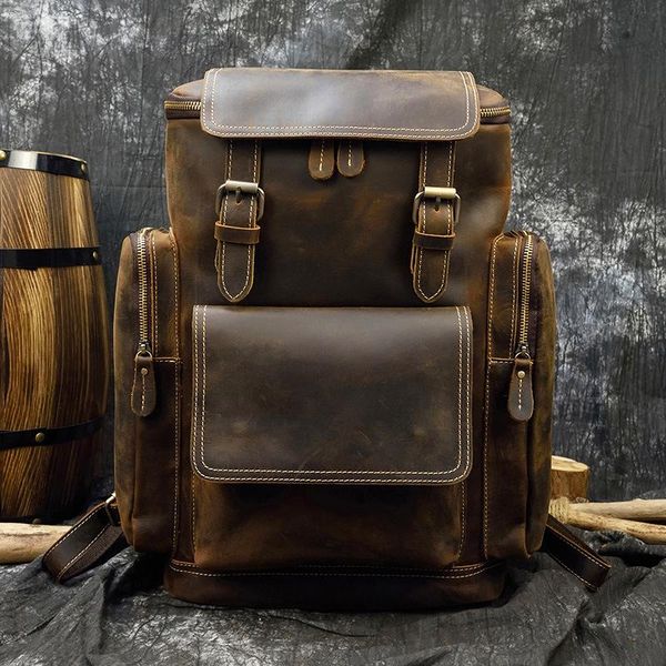 

backpack 2021 men's leather male crazy horse layer cowhide student school bag travel
