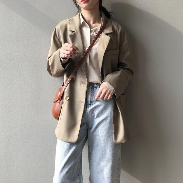 

women's suits & blazers women 2021 spring casual coat korean double breasted long sleeve trim midi suit lapel pocket solid jacket, White;black