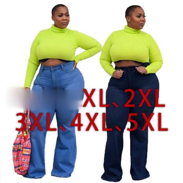 

oversized 5xl plus size for women spring style polyester fashion stretch slim wide leg flare jeans woman casual fatty pants women's, Blue