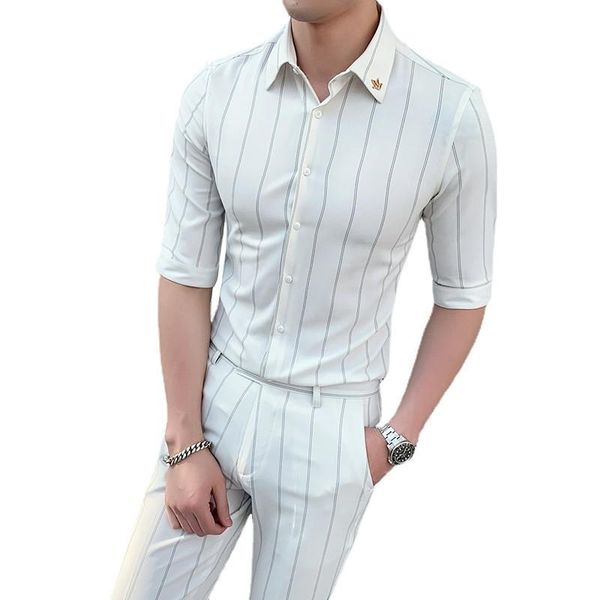 

men's tracksuits (shirt + pants) 2021 mens spring autumn high-end fashion business casual striped middle-sleeved shirt 2 pcs suit pants, Gray