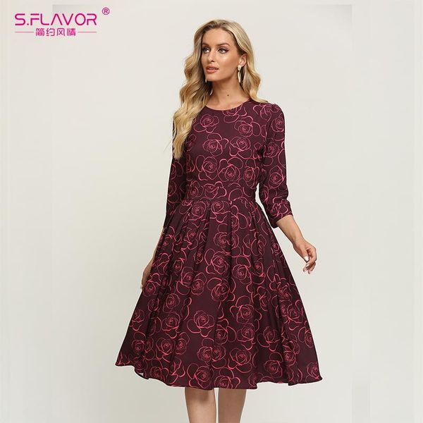 

s.flavor vintage floral print a line pockets dress spring o neck 3/4 sleeve casual 2021 fashion women summer vestidos dresses, Black;gray